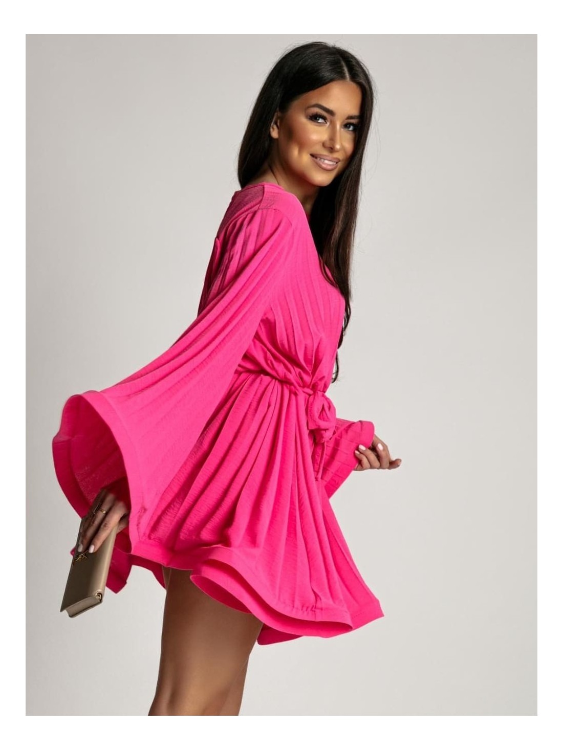 Pleated dress with wide sleeves, dark pink AZR2604